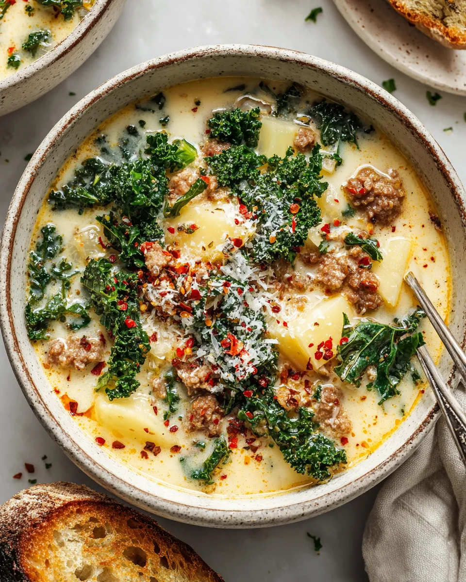Creamy Zuppa Toscana soup with Italian sausage, potatoes, and kale, ideal for warm gatherings.