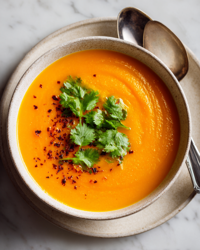 Bowl of vibrant carrot and coriander soup, garnished with fresh coriander leaves, surrounded by carrots and spices