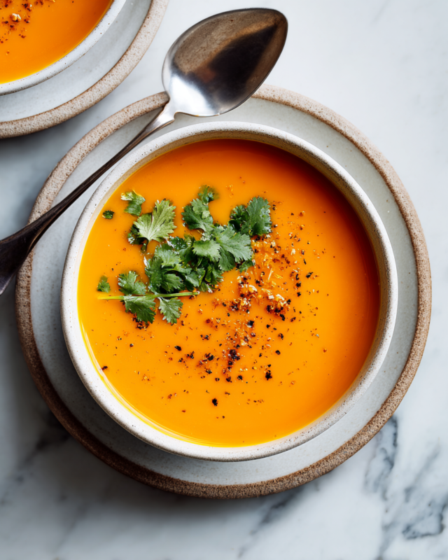 Bowl of vibrant carrot and coriander soup, garnished with fresh coriander leaves, surrounded by carrots and spices