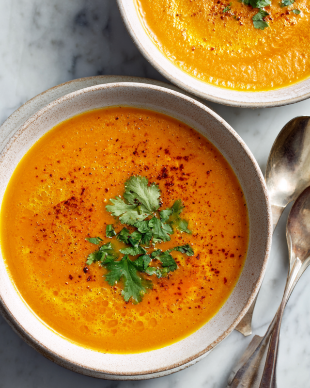 Bowl of vibrant carrot and coriander soup, garnished with fresh coriander leaves, surrounded by carrots and spices