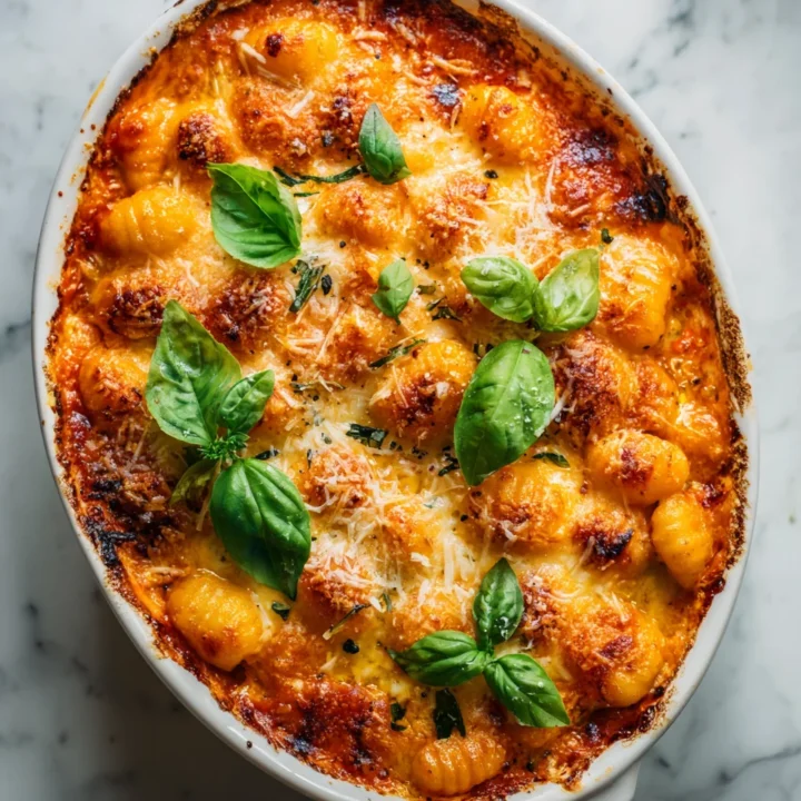 Cheesy tomato gnocchi bake filled with hidden vegetables and melted cheese, perfect comfort food for fall.