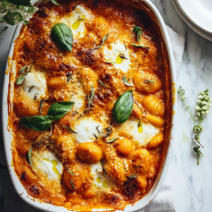 Cheesy tomato gnocchi bake filled with hidden vegetables and melted cheese, perfect comfort food for fall.