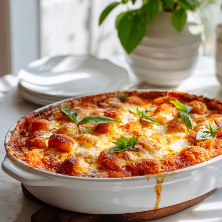 Cheesy tomato gnocchi bake filled with hidden vegetables and melted cheese, perfect comfort food for fall.