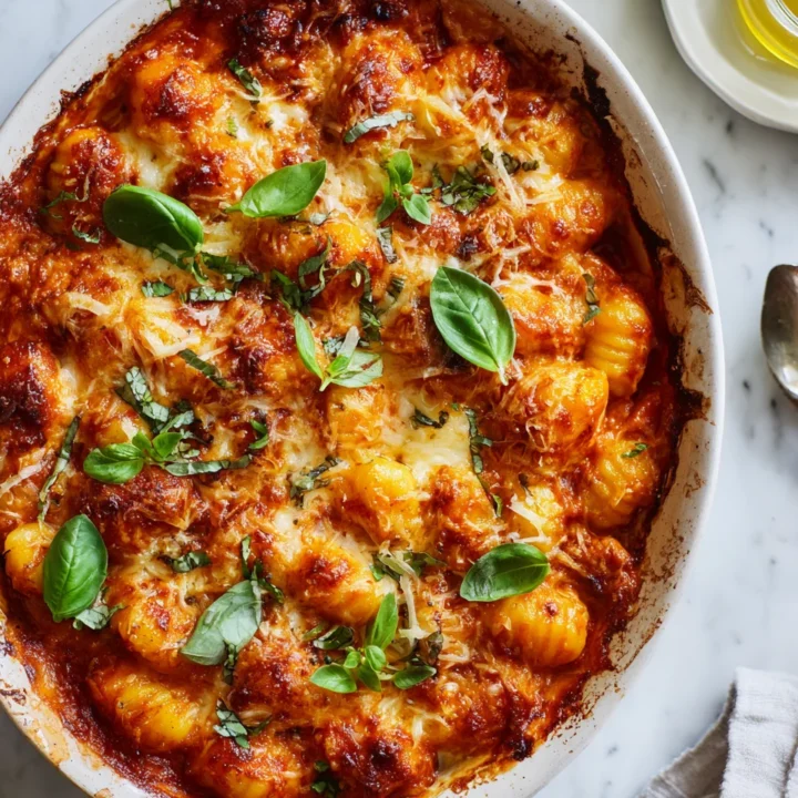 Cheesy tomato gnocchi bake filled with hidden vegetables and melted cheese, perfect comfort food for fall.