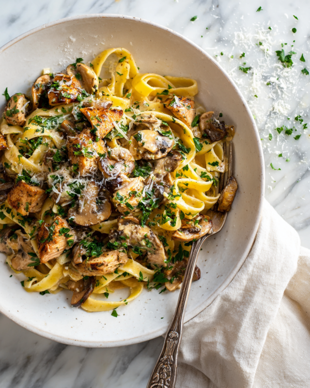 Delicious Chicken and Mushroom Pasta in creamy sauce, perfect for cozy dinners.