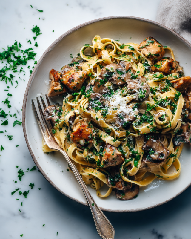 Delicious Chicken and Mushroom Pasta in creamy sauce, perfect for cozy dinners.
