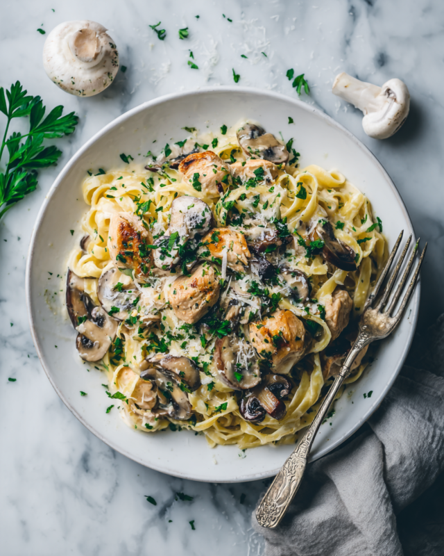 Delicious Chicken and Mushroom Pasta in creamy sauce, perfect for cozy dinners.