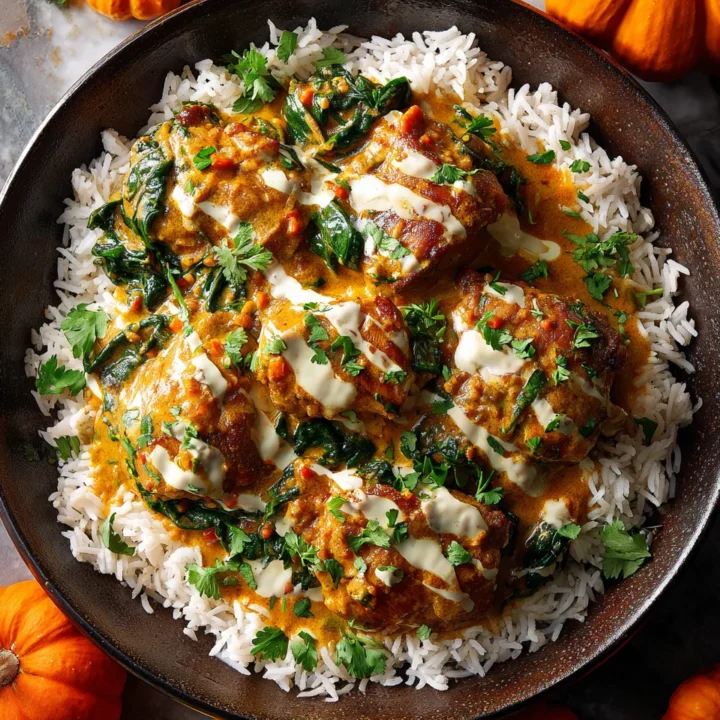 Delicious Chicken Thigh Curry with coconut milk and spinach served over rice, perfect for cozy family dinners.