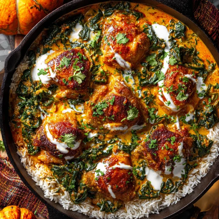 Delicious Chicken Thigh Curry with coconut milk and spinach served over rice, perfect for cozy family dinners.