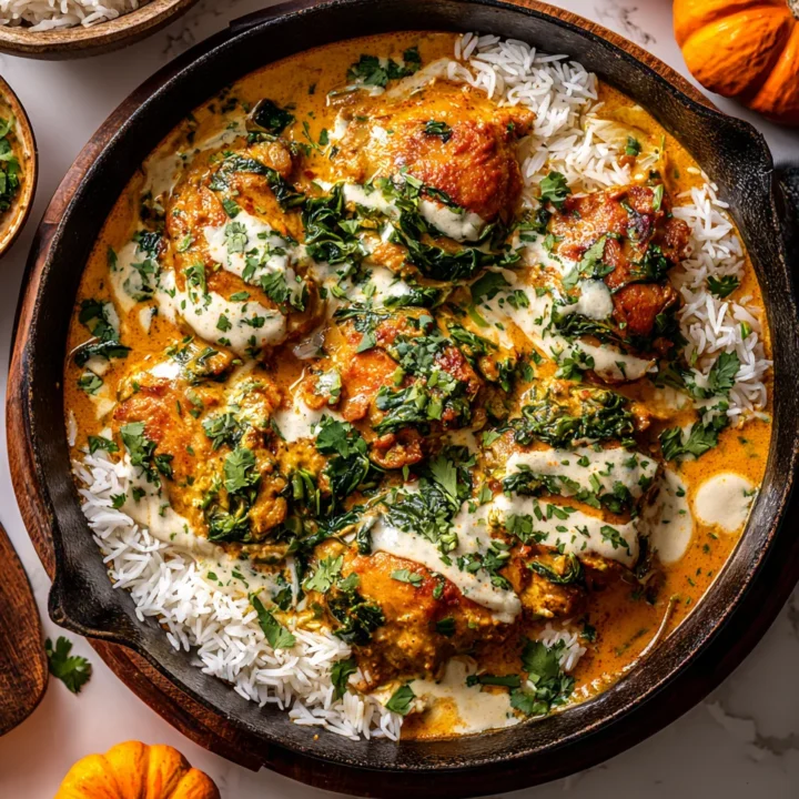 Delicious Chicken Thigh Curry with coconut milk and spinach served over rice, perfect for cozy family dinners.