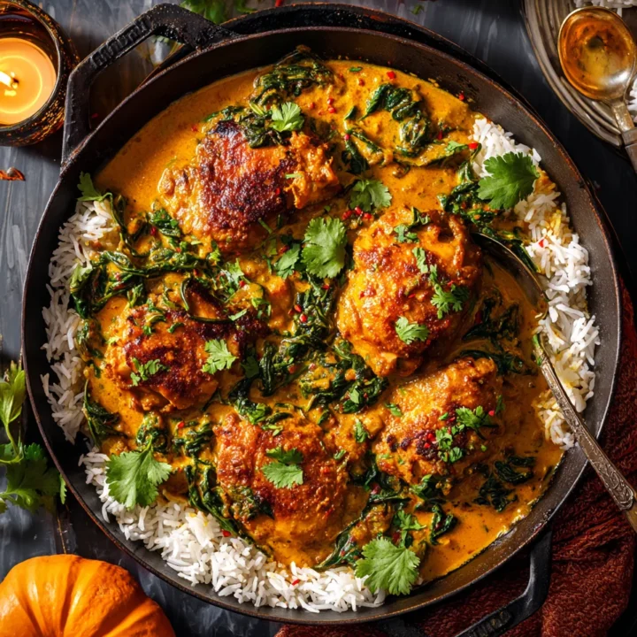 Delicious Chicken Thigh Curry with coconut milk and spinach served over rice, perfect for cozy family dinners.