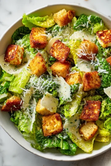 A serve of delicious Halloumi Caesar Salad featuring crispy halloumi, fresh romaine, and zesty dressing, appealing for festive or light meals.