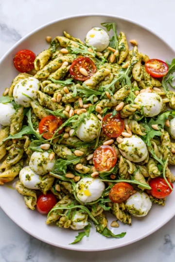 A colorful Pesto Pasta Salad with fresh vegetables and mozzarella, drizzled with basil pesto, perfect for gatherings.