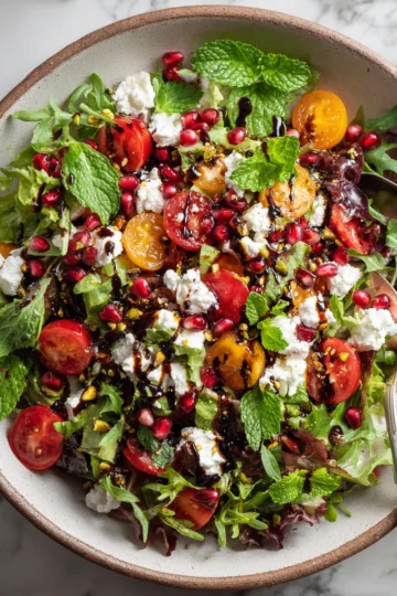 Vibrant Pistachio Feta Salad with mixed greens, feta, and pomegranate, ideal for holiday gatherings.