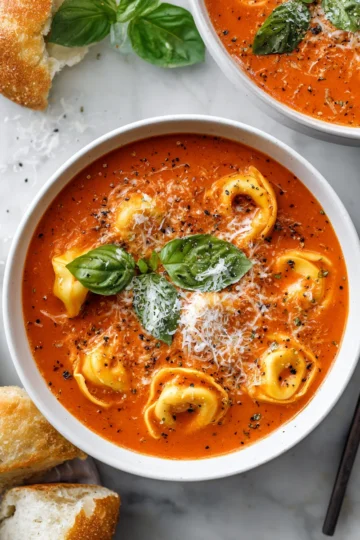 One-Pot Creamy Tomato Tortellini Soup with fresh basil and grated Parmesan in a bowl