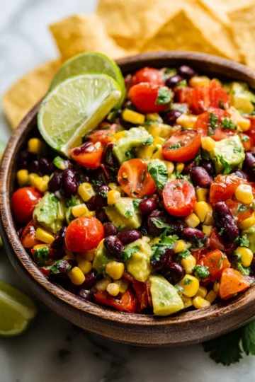 A vibrant bowl of Cowboy Caviar featuring black beans, corn, and colorful vegetables, perfect for appetizers at festive gatherings.