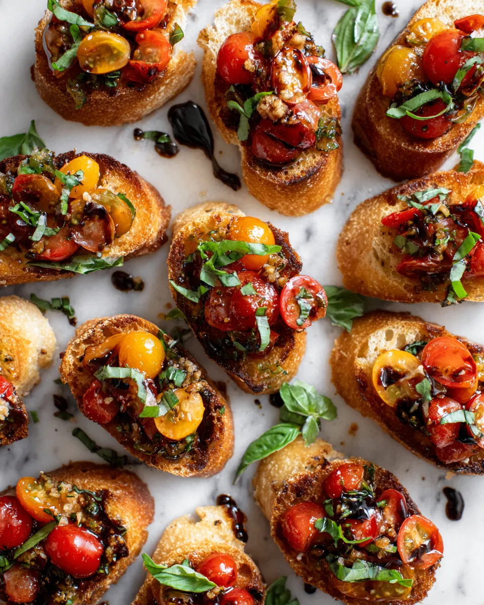 Bruschetta bites with fresh tomatoes and herbs served on toasted baguette slices, a perfect appetizer for gatherings.