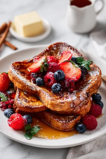 A delicious Cinnamon French Toast with mixed berries, drizzled with maple syrup, perfect for a warm breakfast.
