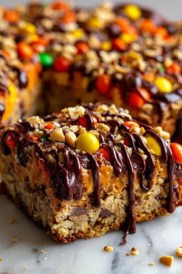 Delicious Reese's Pieces Peanut Butter Baked Oats in a baking dish, perfect for a cozy breakfast. Easy to make and packed with flavor.