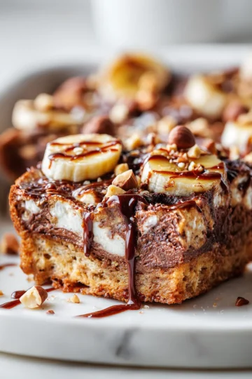 Delicious Nutella Blended Baked Oats topped with banana and hazelnuts, perfect for holiday breakfasts.