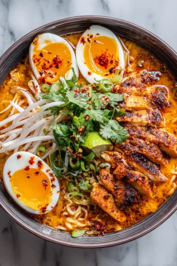 A steaming bowl of Wagamama's Chicken Ramen with Chilli Chicken topped with spring onions and soft-boiled eggs, perfect for cozy meals.