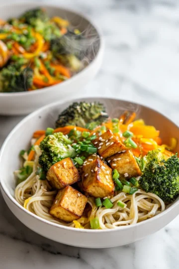 Vibrant Healthy Noodle Bowls with tofu and mixed vegetables for a quick meal.