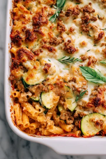 Baked Ziti-Inspired Pasta Bake with wholesome ingredients for a lighter holiday dish.
