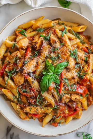 Delicious Spicy Chicken Pasta with vibrant vegetables and zesty sauce, perfect for fall gatherings
