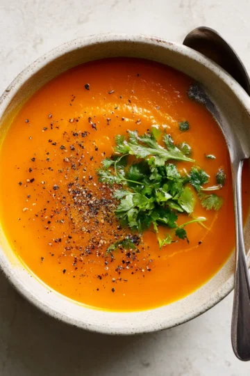Bowl of vibrant carrot and coriander soup, garnished with fresh coriander leaves, surrounded by carrots and spices