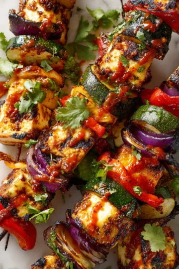 Grilled halloumi kebabs with vibrant vegetables and spicy chilli sauce, perfect appetizer for festive gatherings and a crowd-pleaser.