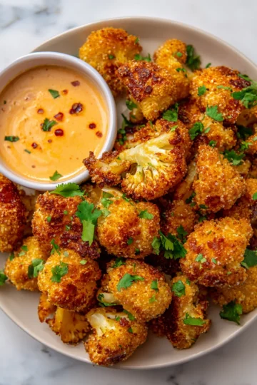 Crispy Baked Cauliflower Bites served with spicy Chilli Mayo for dipping, a healthy holiday appetizer.