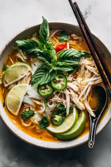 Delicious Vietnamese chicken pho with fresh herbs and aromatic broth