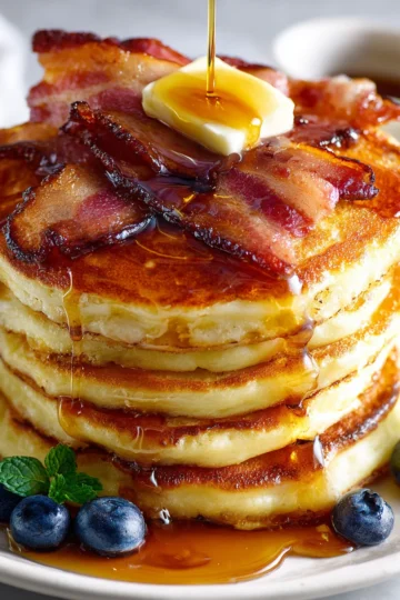 Delicious American-Style Pancakes with Crispy Bacon Fluffy American pancakes topped with crispy bacon, perfect for a cozy breakfast and holiday gatherings.
