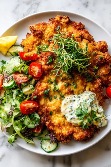 Delightful Pork Schnitzel with Aioli Crispy pork schnitzel served with aioli and fresh green salad, perfect holiday dish