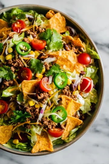 Delicious Dorito Taco Salad for Gatherings Delicious Dorito Taco Salad with seasoned beef, fresh veggies, and crunchy chips, ideal for gatherings and meal prep.