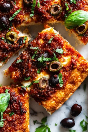 Vibrant Sheet Pan Puttanesca Pizza Delicious sheet pan puttanesca pizza with vibrant flavors, perfect for holiday gatherings, rich in olives and capers, topped with cheese.