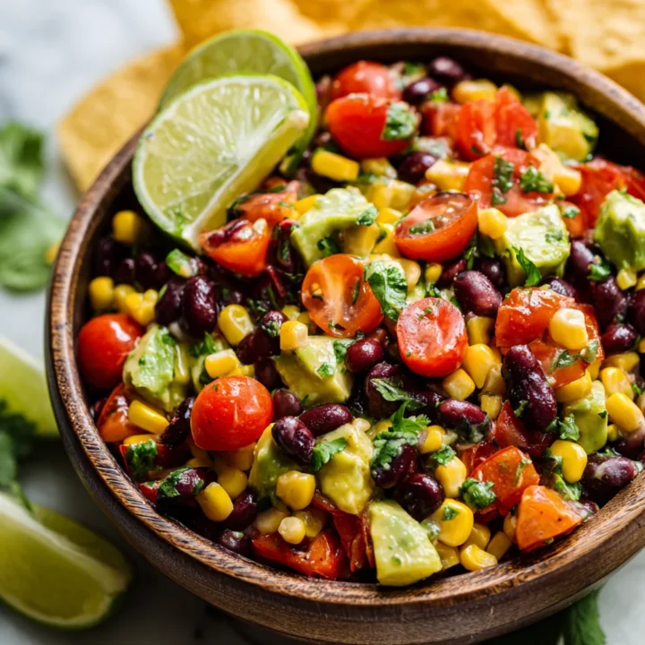 A vibrant bowl of Cowboy Caviar featuring black beans, corn, and colorful vegetables, perfect for appetizers at festive gatherings.