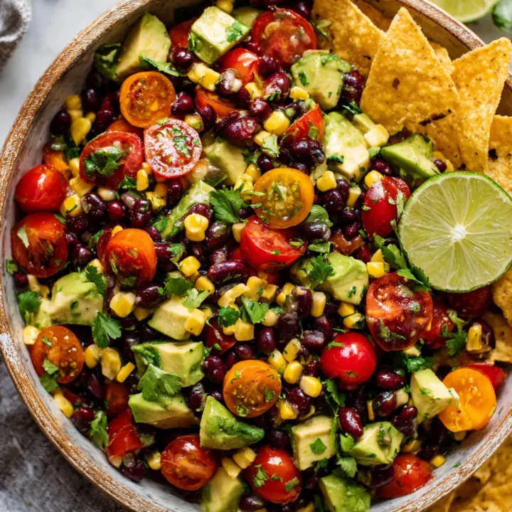 A vibrant bowl of Cowboy Caviar featuring black beans, corn, and colorful vegetables, perfect for appetizers at festive gatherings.