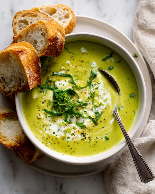 Creamy courgette soup in a bowl, garnished with herbs, perfect for chilly evenings and holiday meals