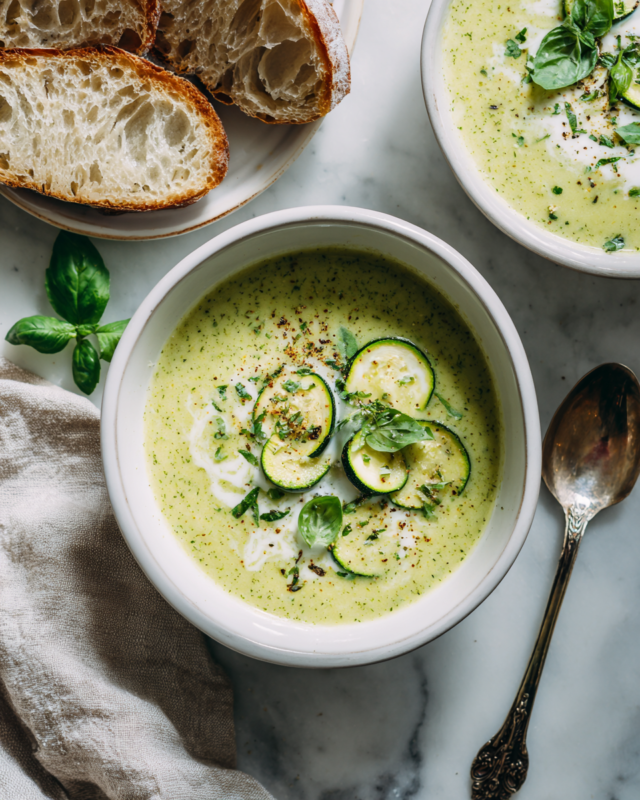 Creamy courgette soup in a bowl, garnished with herbs, perfect for chilly evenings and holiday meals