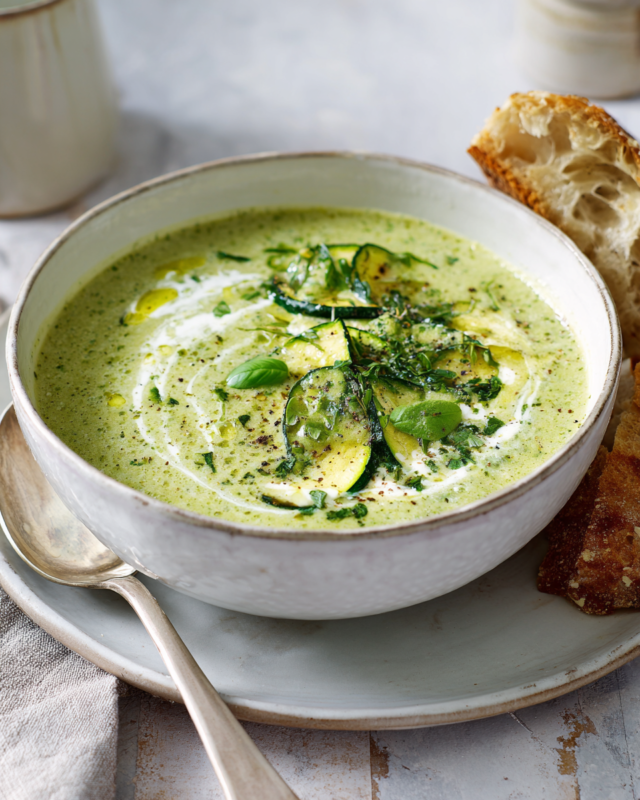 Creamy Courgette Soup for the Holidays Creamy courgette soup in a bowl, garnished with herbs, perfect for chilly evenings and holiday meals