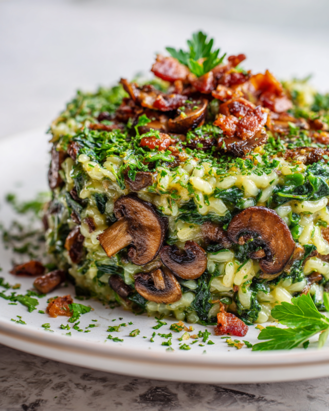 Creamy green risotto with crispy bacon and mushrooms, a comforting fall dish perfect for cozy dinners.