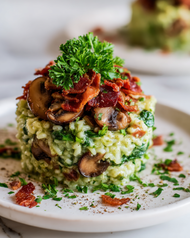 Creamy green risotto with crispy bacon and mushrooms, a comforting fall dish perfect for cozy dinners.