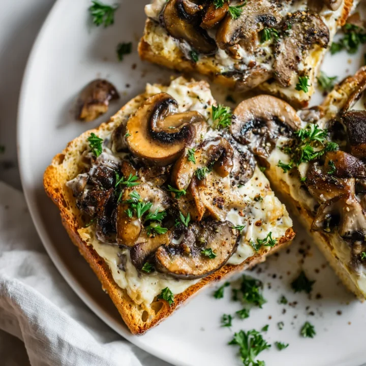 Creamy mushroom toast served on crusty sourdough with a sprinkle of fresh parsley.