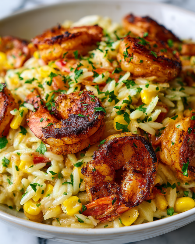 Creamy Sweetcorn Orzo with Paprika Prawns: A deliciously comforting dish perfect for autumn gatherings.