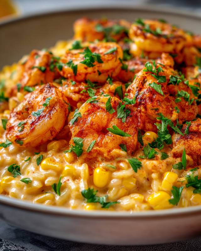 Creamy Sweetcorn Orzo with Paprika Prawns: A deliciously comforting dish perfect for autumn gatherings.