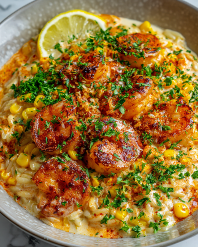 Creamy Sweetcorn Orzo with Paprika Prawns: A deliciously comforting dish perfect for autumn gatherings.