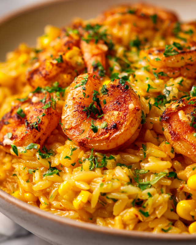 Creamy Sweetcorn Orzo with Paprika Prawns: A deliciously comforting dish perfect for autumn gatherings.