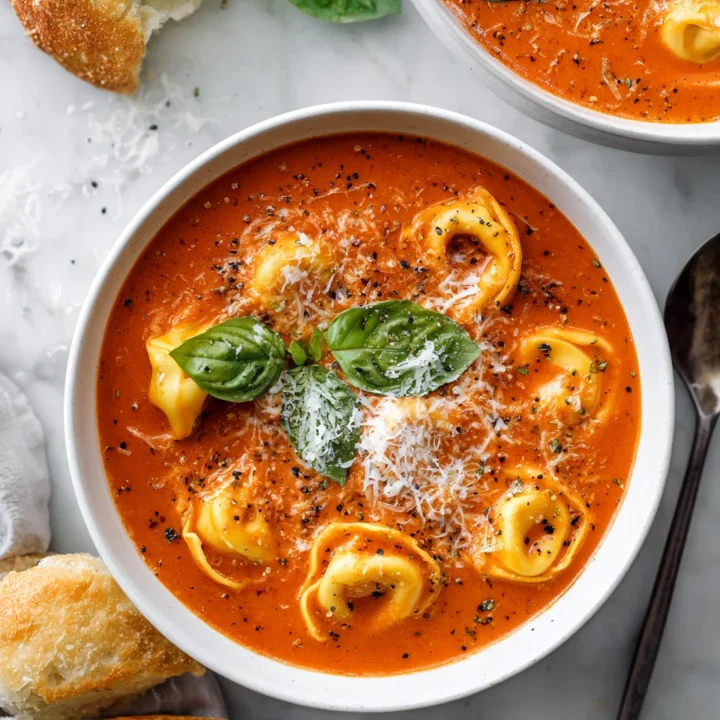 One-Pot Creamy Tomato Tortellini Soup with fresh basil and grated Parmesan in a bowl
