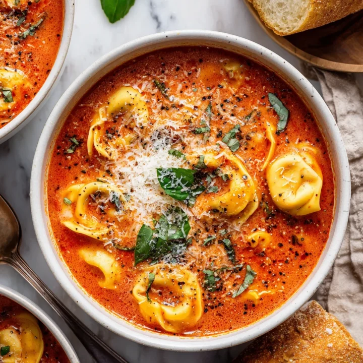 One-Pot Creamy Tomato Tortellini Soup with fresh basil and grated Parmesan in a bowl